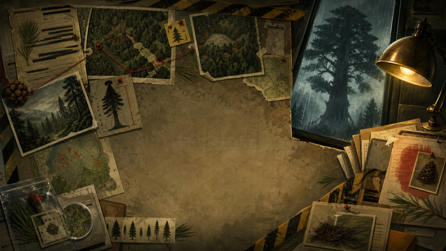 Generated event art with papers and forest evidence